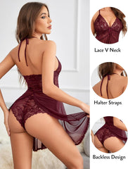 Lace & Net Halter V Neck Nightdress