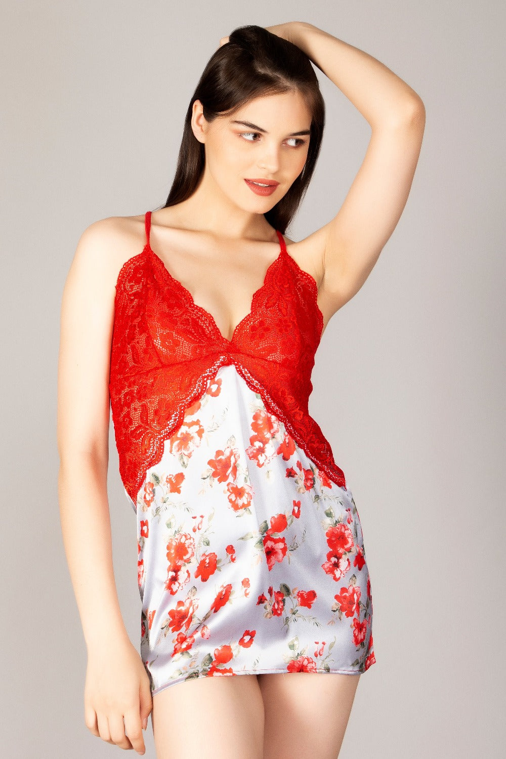 Satin And Stretch Lace Hot Floral Red Nightdress