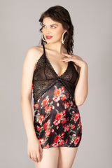 Women's Satin floral Printed babydoll lingerie With G-string Panty